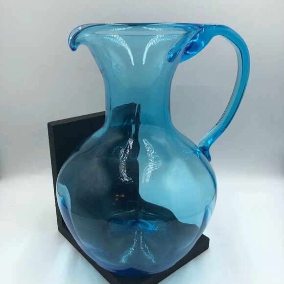 Blue Glass Pitcher Handblown Beverage Entertaining Drinkware Serveware - Picture 3 of 14